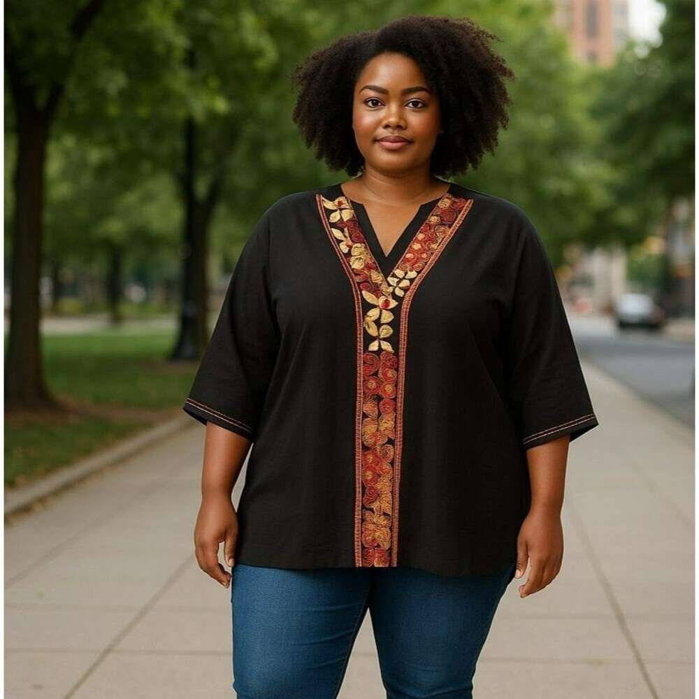 New Koret 2X Black Flowers 3/4 Sleeve Button Up V Neck Tunic Top Blouse Shirt